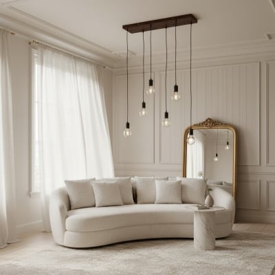 Lámpara colgante lineal Vornix de 6 luces - Lámpara industrial moderna con vigas de madera para isla de cocina y comedor T853