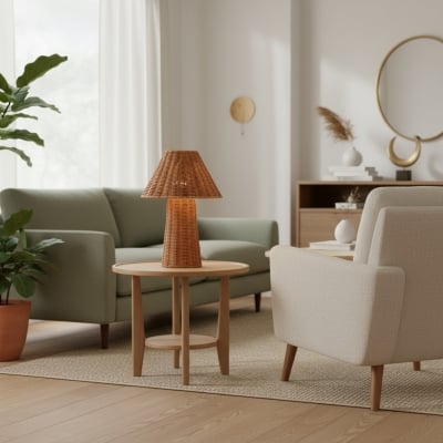 Wickara Sculptural Rattan Mini Table Lamp - Natural Woven Finish Suitable for Side Tables & Entryways T700