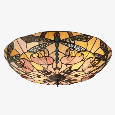 TF Ashton Tiffany Dragonfly Motif Tiffany Glass Flush Surface Mount - Transitional Style for Bedrooms and Lounge Spaces T1055