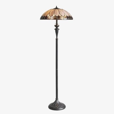 Lampa podłogowa Tiffany w geometrycznym stylu art déco z Brooklynu, z kloszem ze szkła witrażowego i satynową czarną podstawą