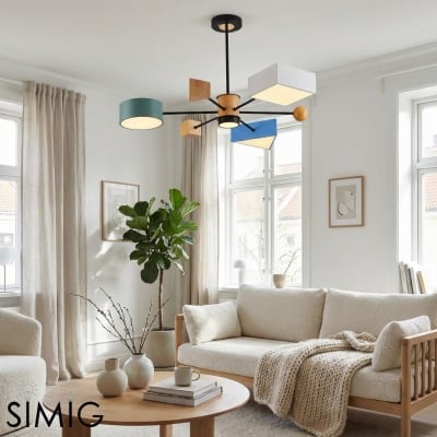 Modern ljuskrona i träblock - 4-ljus grenar för barnrum eller barnrum S385