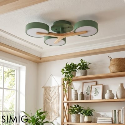 Modern taklampa i trä med skiva - LED, halvinfälld montering för vardagsrum S386