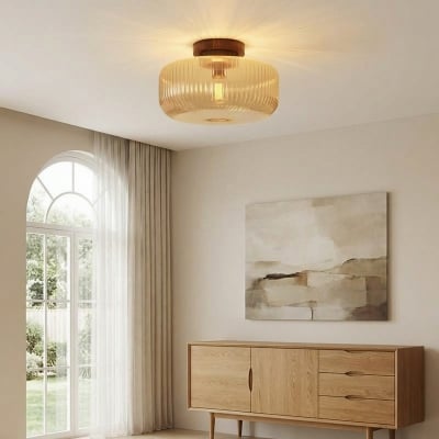 Amberflow Retro Amber Fluted Glass Ceiling Light – Round Flush Mount for Hallways and Entryways T1094