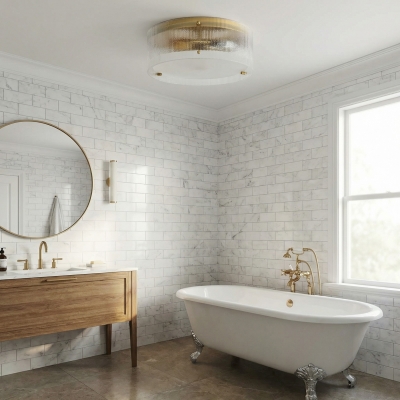 글리머로브 플루티드 글라스 브라스 원형 천장 조명 – 거실 및 욕실용 소박하고 세련된 플러시 마운트 조명 T1101