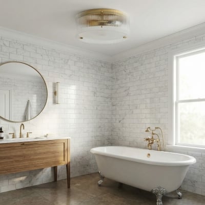 Glimmerove Fluted Glass Brass Round Ceiling Light – Rustic Chic Flush Mount for Living Rooms and Bathrooms T1101