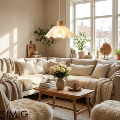 ミニマリストなクリーミーな花びらペンダントランプ - ダイニングルームに最適なモダンでミニマリストな木製吊り下げライト S400