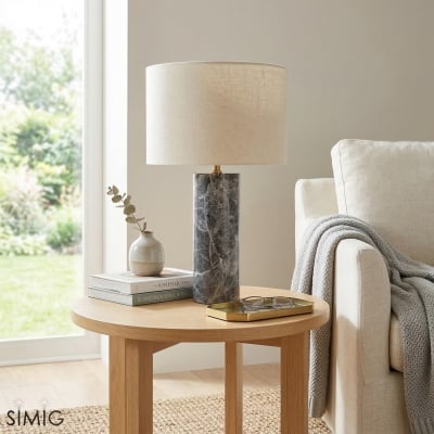Minimalist Travertine Table Lamp – Linen Shade Bedside Light for Bedroom S409