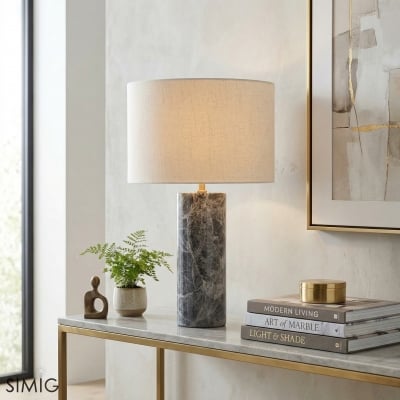Minimalist Travertine Table Lamp – Linen Shade Bedside Light for Bedroom S409