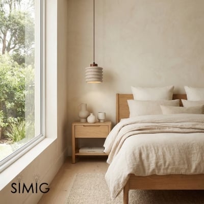 Gerippte Zylinder-Travertin-Pendelleuchte mit Holzakzent S265