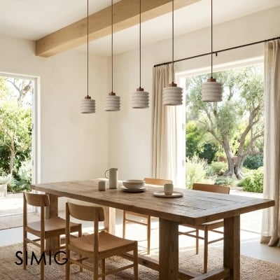 Lampada a sospensione in travertino con cilindro a coste e accenti in legno S265