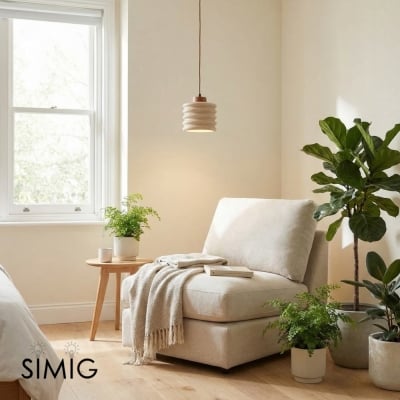 Lampada a sospensione in travertino con cilindro a coste e accenti in legno S265