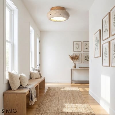 Elegante Deckenleuchte in Schüsselform aus Travertin mit Holz- oder Walnusssockel S299