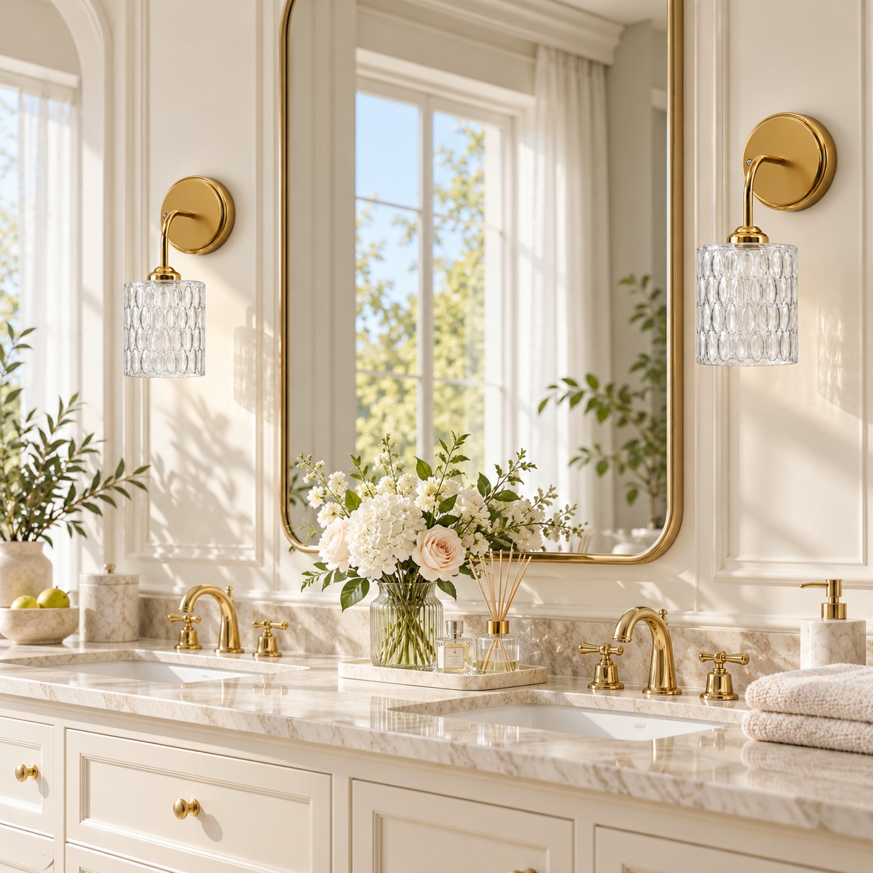 Clear hammered-glass sconce on a marble vanity, lights off