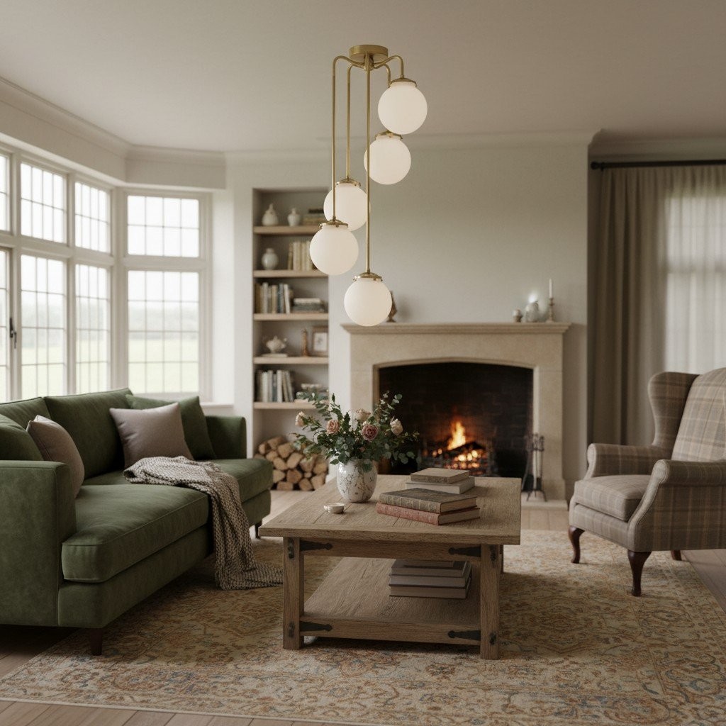 Glorica Glass 5 Globe Chandelier - Brass and Opal Glass Vintage Pendant Light T319