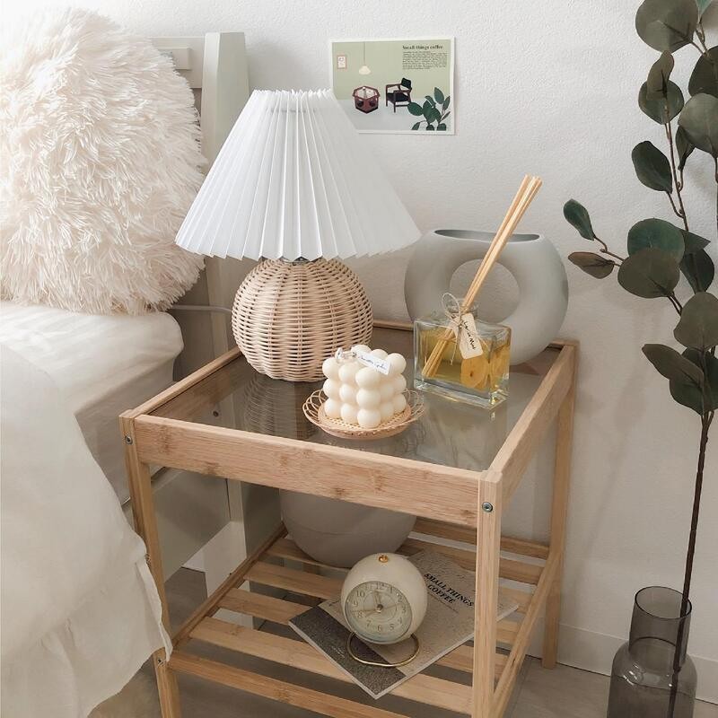 Rattan Pleated Table Lamp Cordless Bedside Lamp