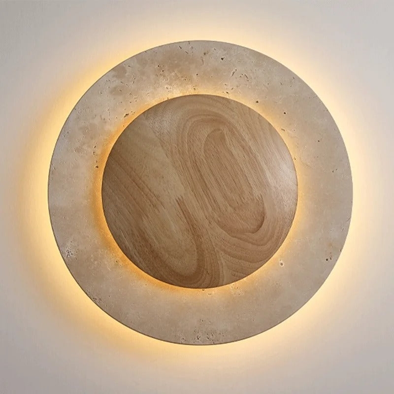 Round Travertine Wood Wall Light T2104