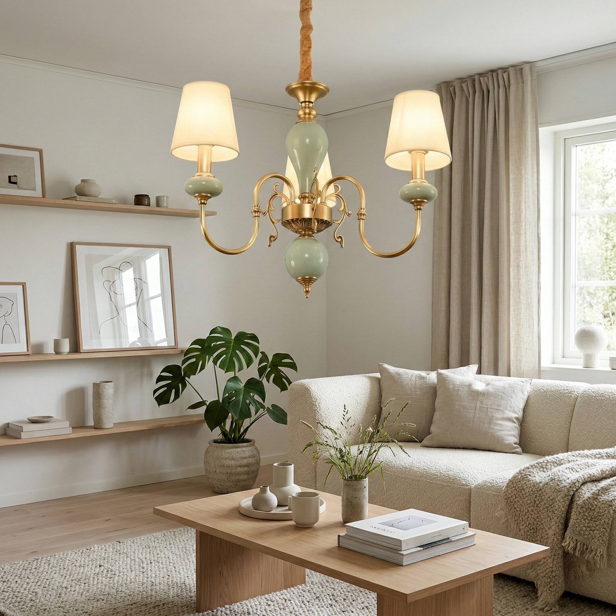 Altoris Series Branch Chandelier with Fabric Shades - Brass Ceramic Chandelier for Living Room T1141