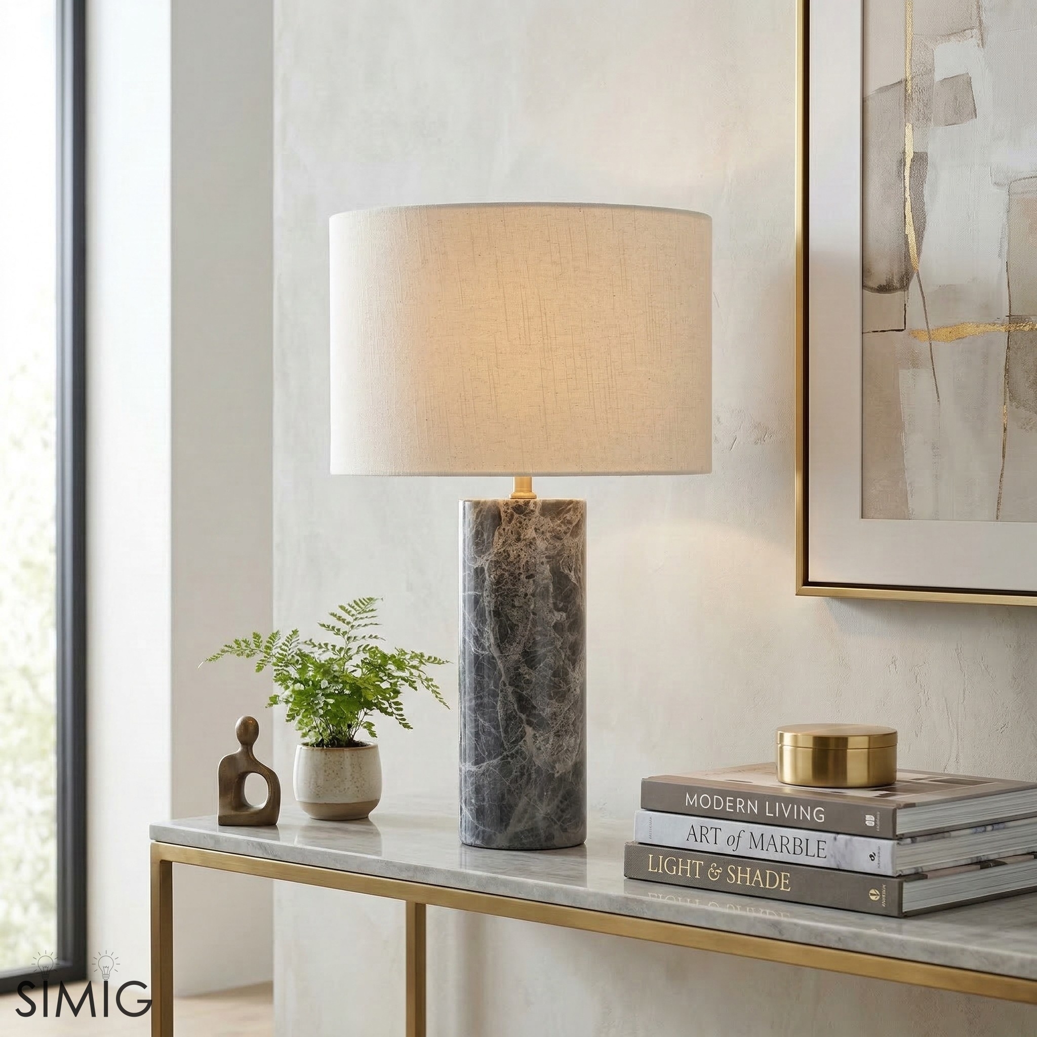 Minimalist Travertine Table Lamp – Linen Shade Bedside Light for Bedroom S409
