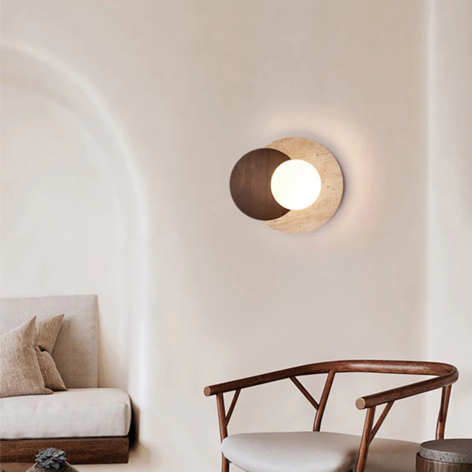 Contemporary Disc Travertine And Wood Dual Tone Wall Sconce S322