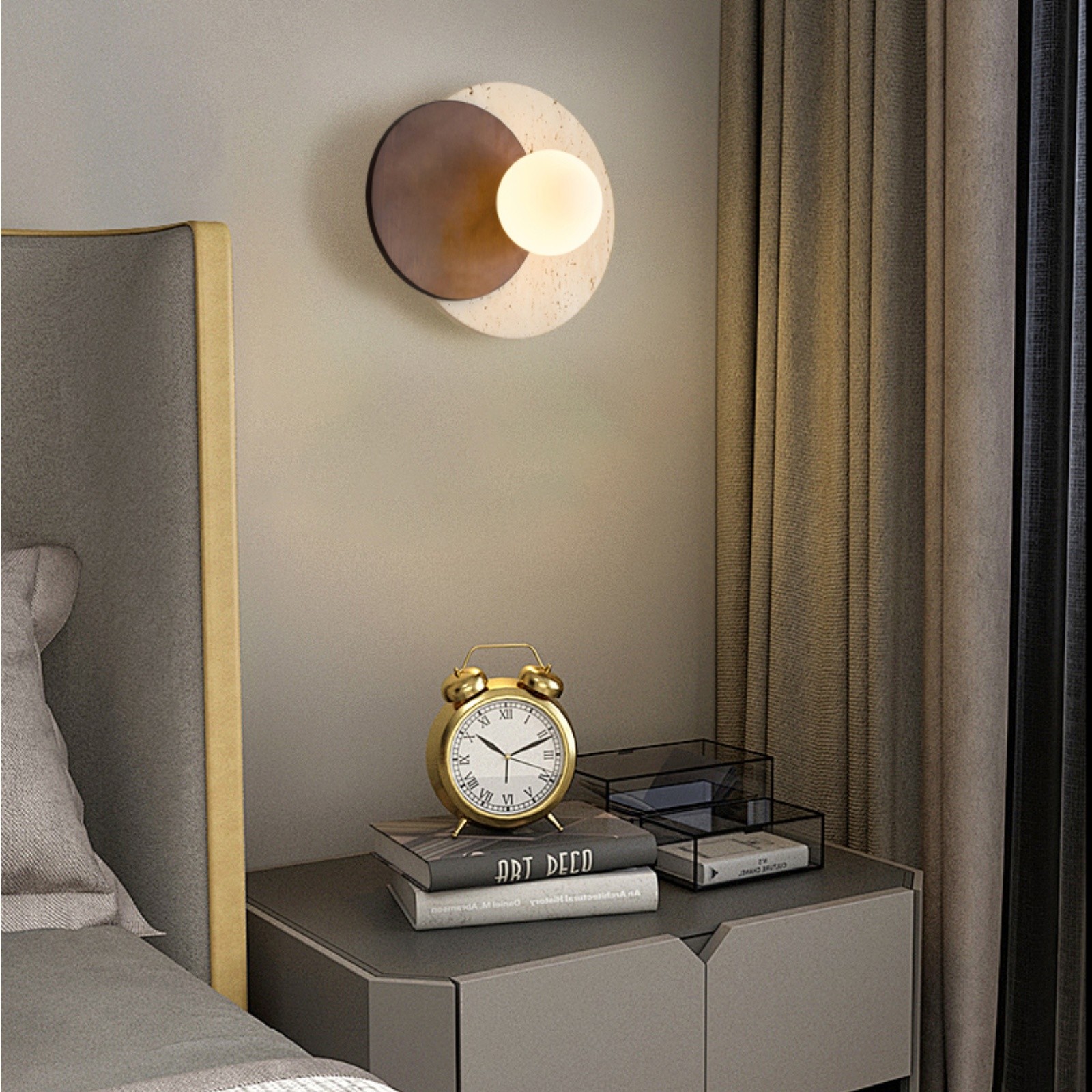Contemporary Disc Travertine And Wood Dual Tone Wall Sconce S322