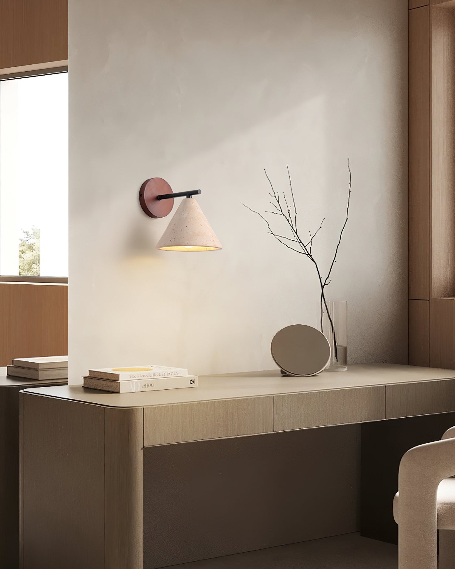 Textured Travertine Cone Wall Light - Minimalist Bedroom Sconce M56