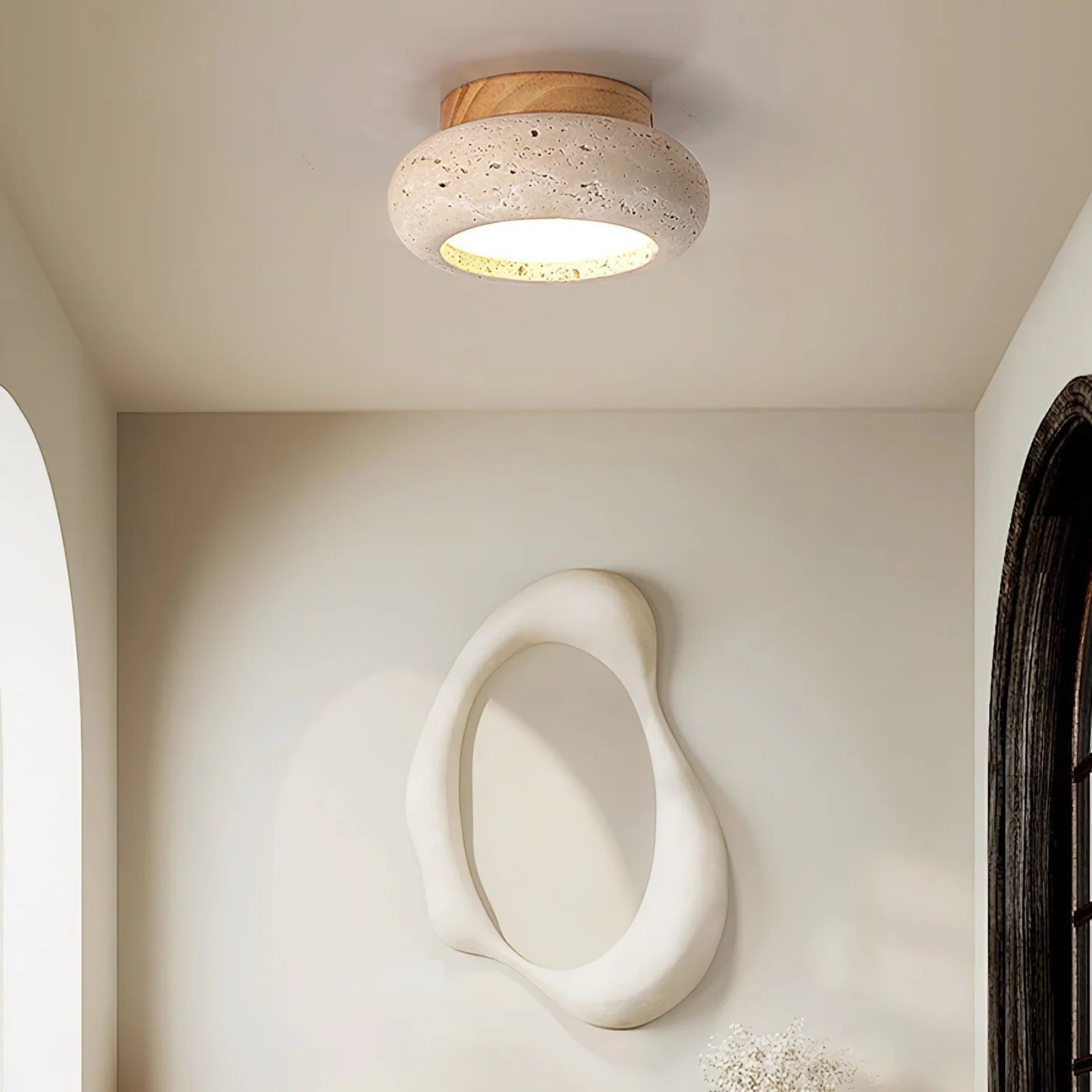 Minimal Bowl Ceiling Fixture in Stone Look - Wood Tone Base Light S299