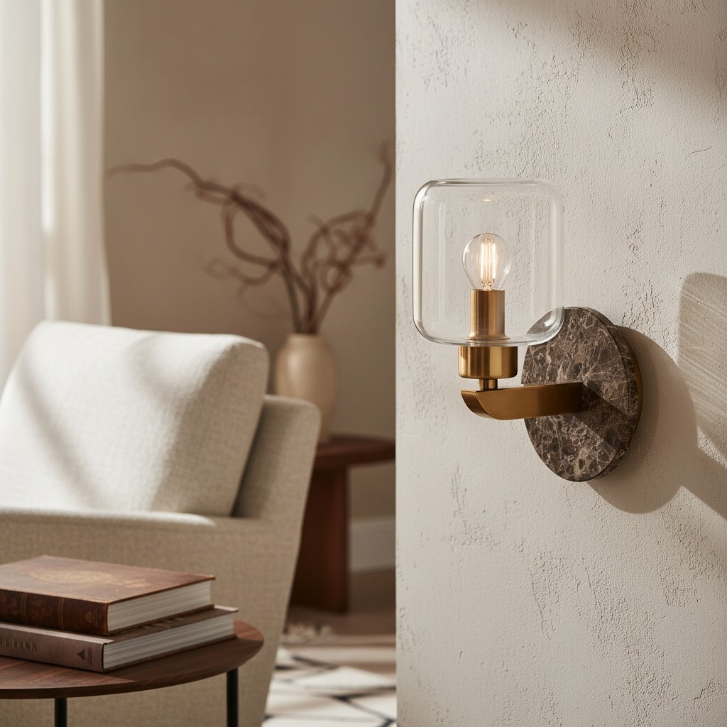 Korlisse Modern Marble Wall Light - Vintage Brass & Clear Glass Accent for Living Room and Hallway T950