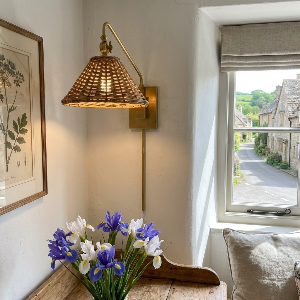 Welanery Swing Arm Rattan Wall Sconce - Farmhouse Style Lamp for Bedside Reading T1210