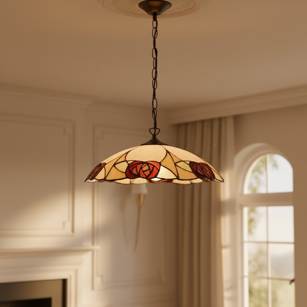 TF Ingram Tiffany Pendant Light - Vintage Handcrafted Stained Glass Floral Shade for Dining Room T1030