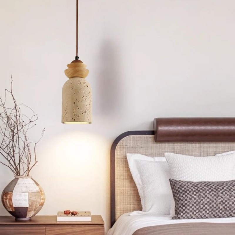 Wabi-Sabi Travertine Pendant Light with Wood for Living Room S274