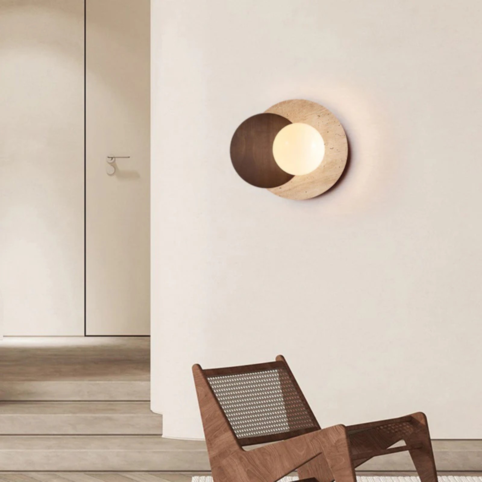Contemporary Disc Travertine And Wood Dual Tone Wall Sconce S322