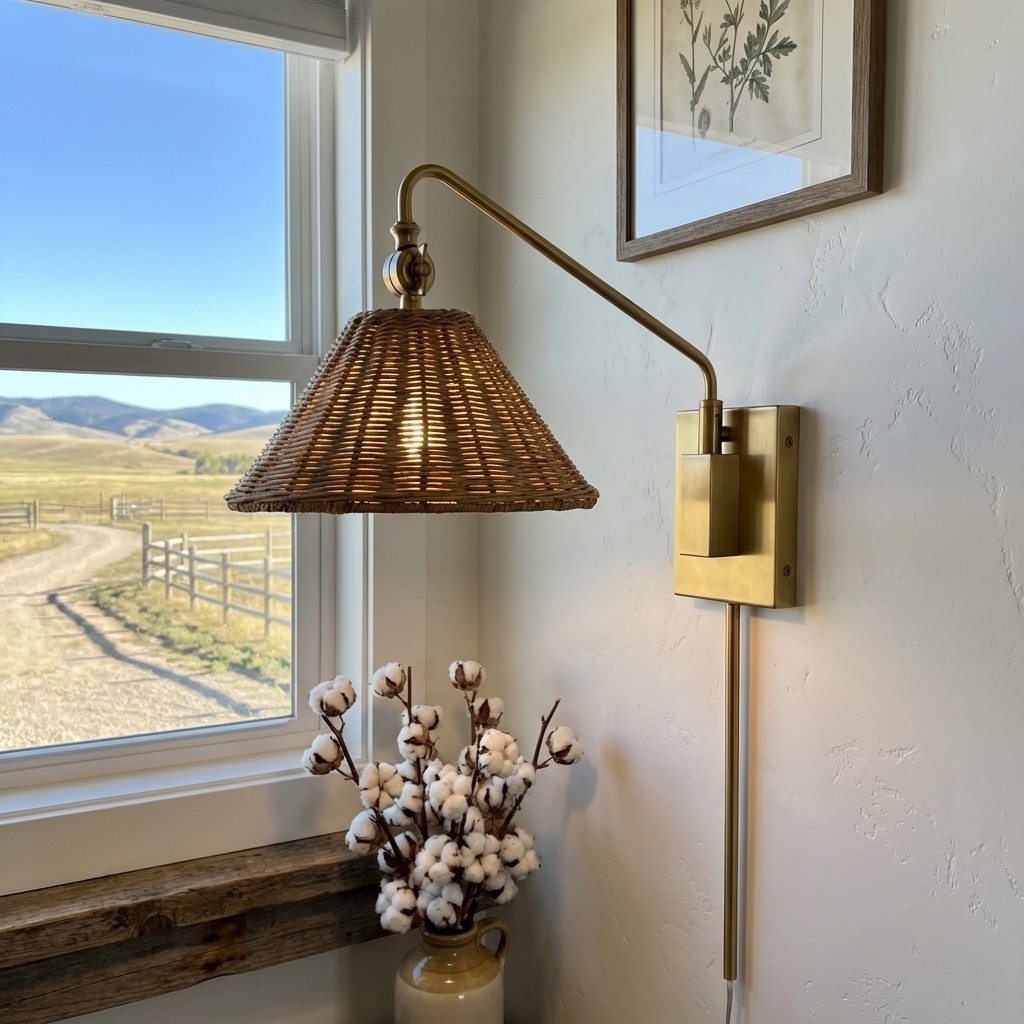 Welanery Swing Arm Rattan Wall Sconce - Farmhouse Style Lamp for Bedside Reading T1210