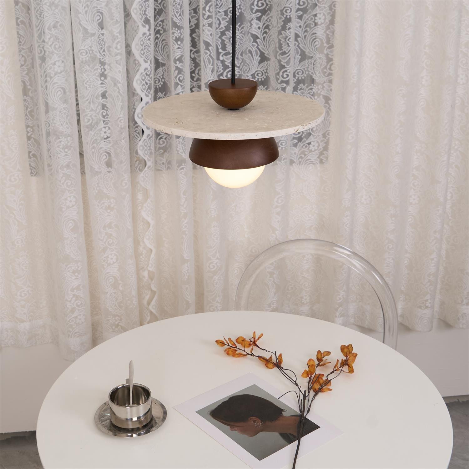 Travertine Disc Hemispherical Wooden Lampshade Chandelier P029