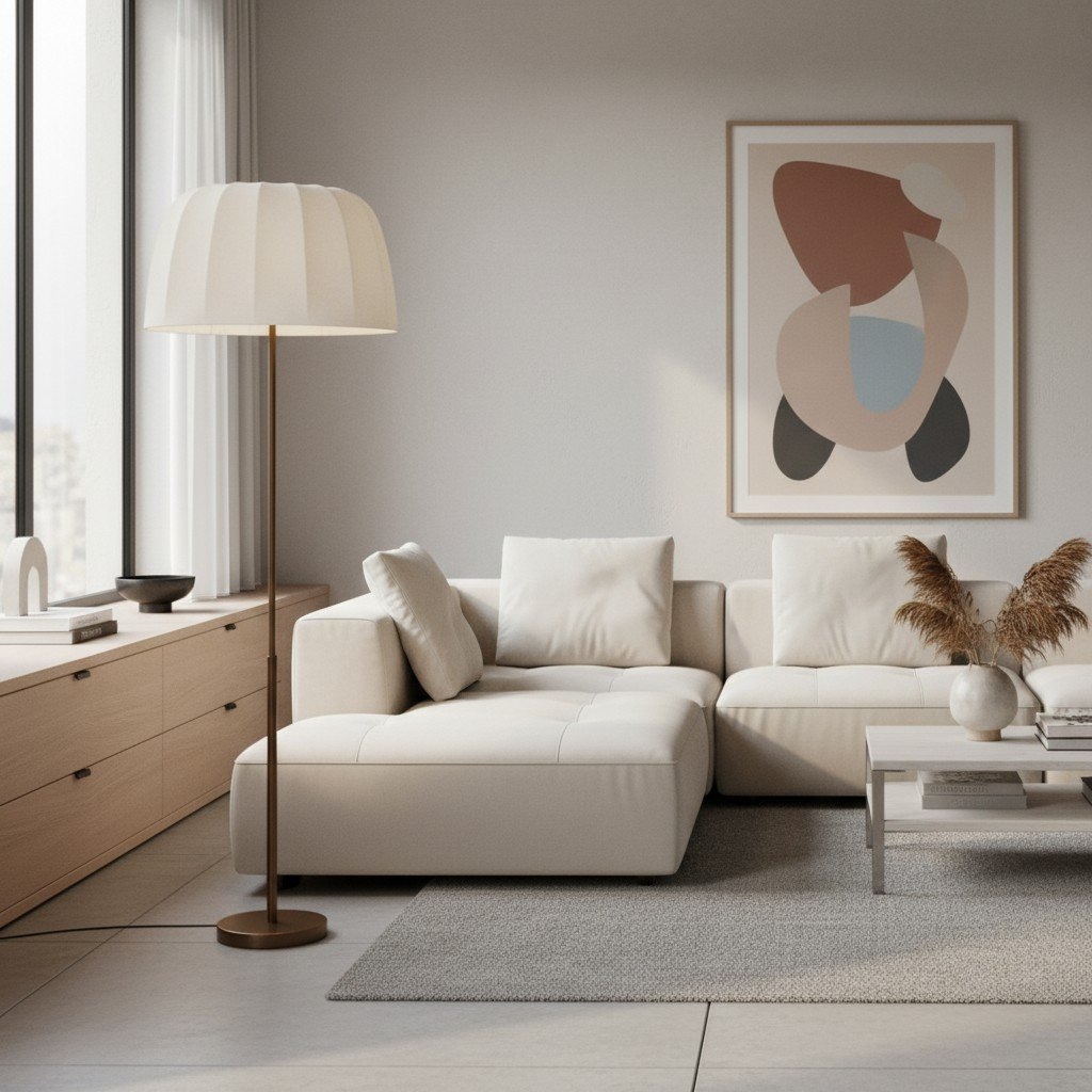 Vellaro Brass Floor Lamp with Fabric Shade - Modern Standing Light for Living Room or Bedroom T697