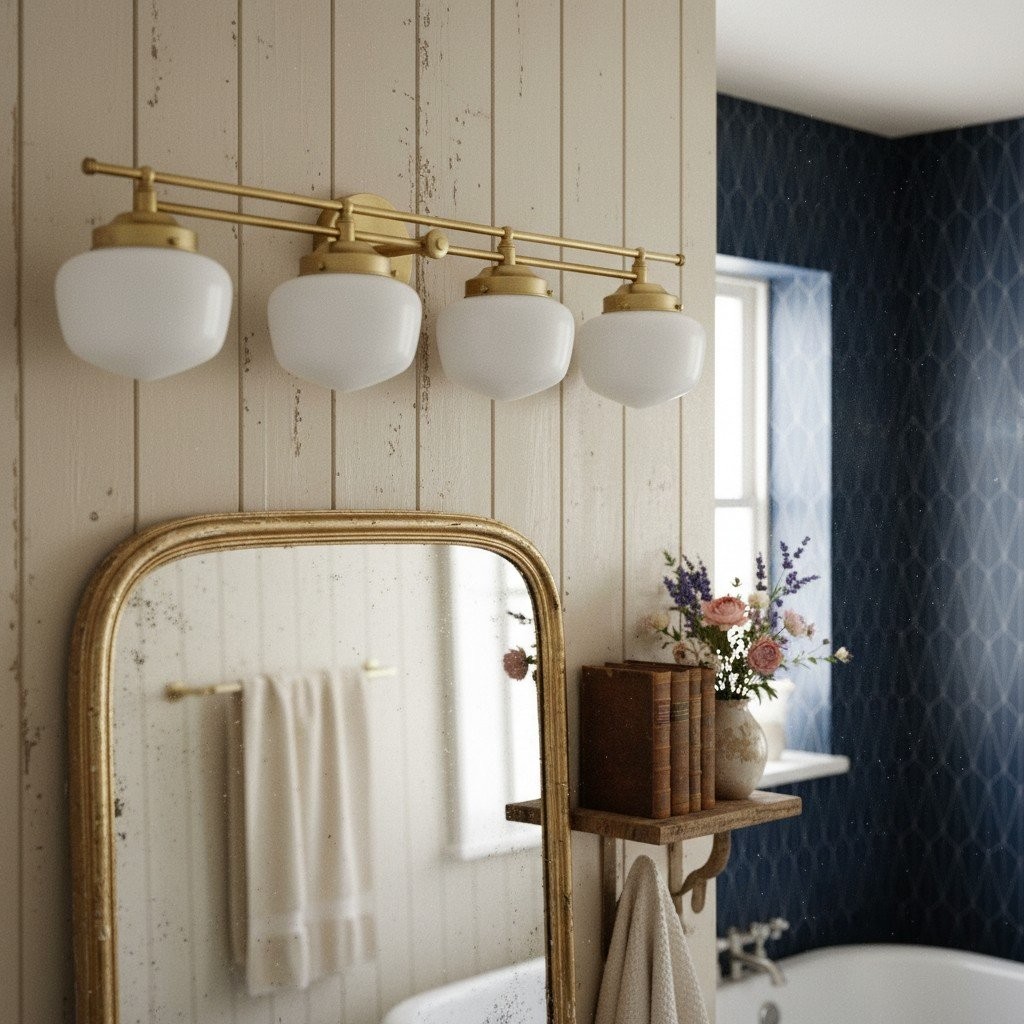Opalume Glass Art Deco Vanity Light - Bathroom Wall Sconce with White Glass Shades T306