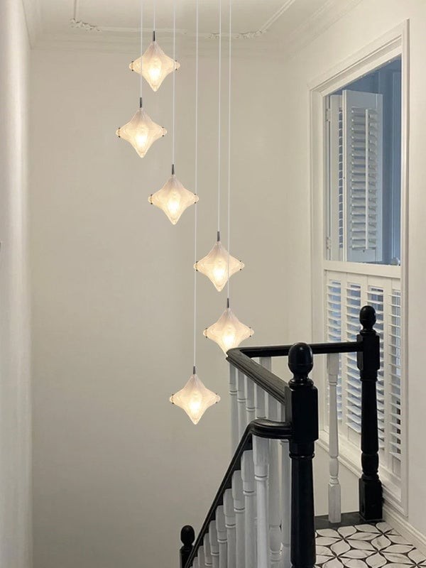 Art Deco Star Staircase Pendant Light - Frosted Glass Hanging Fixture - Astris Altair T437
