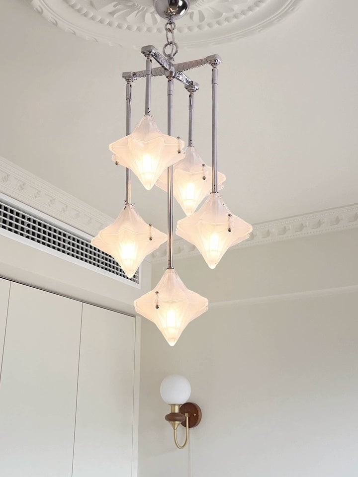Art Deco Astris Star Chandelier - Frosted Glass Deco Fixture for Dining Room T433