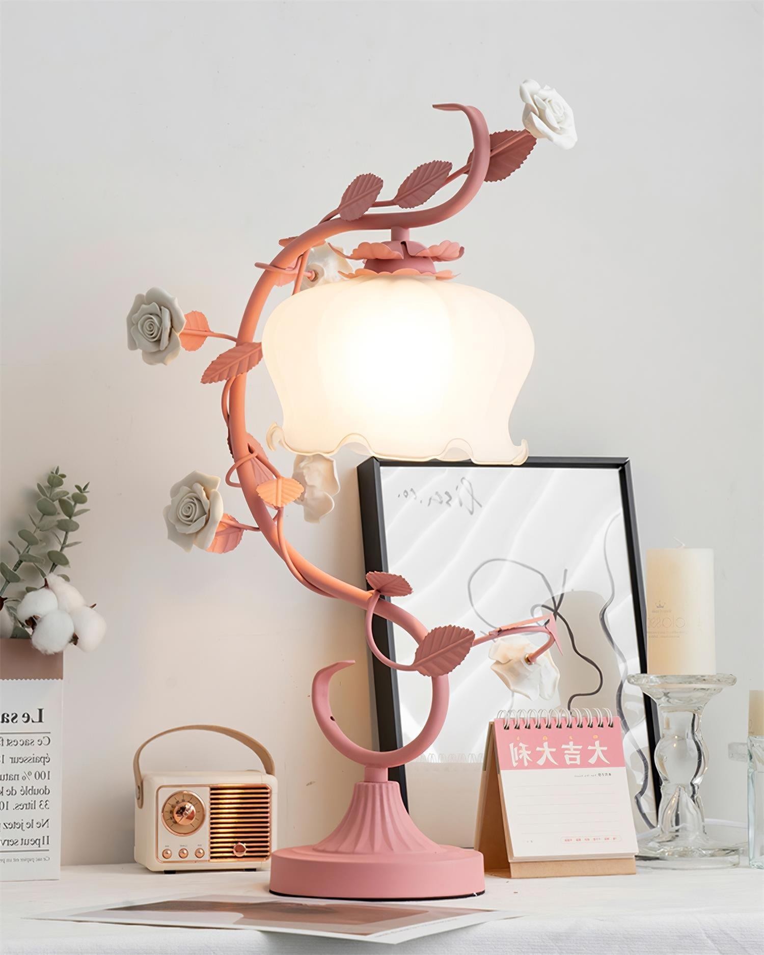 Green Pink White Rose Flower Table Lamp M107