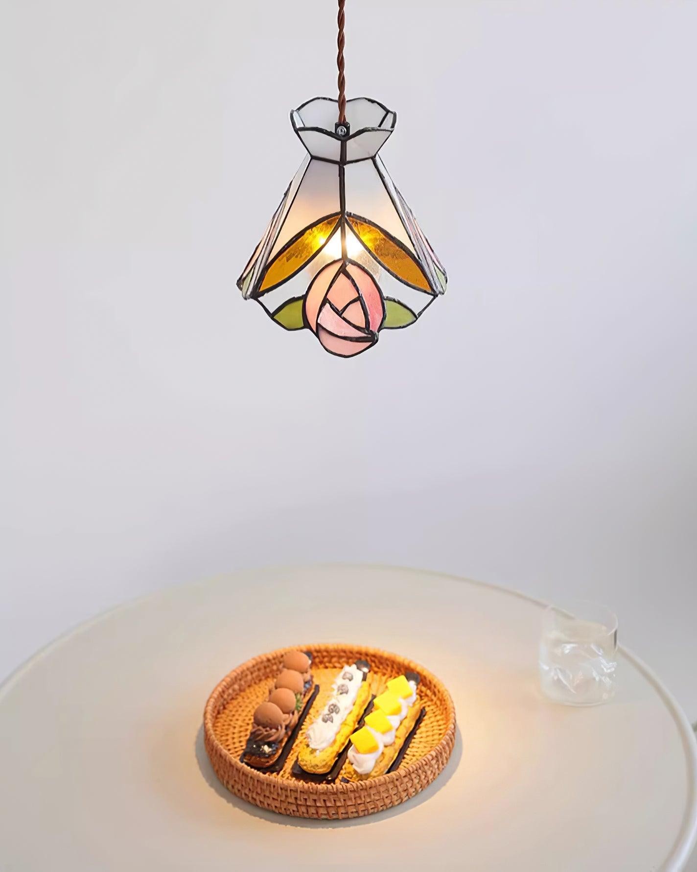 French Retro Rose Stained Glass Pendant Lamp M89