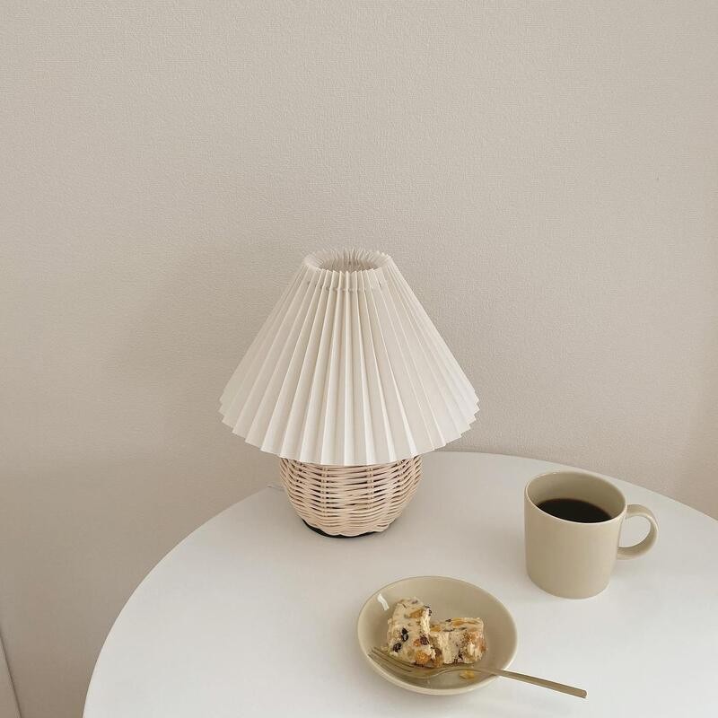 Rattan Pleated Table Lamp Cordless Bedside Lamp