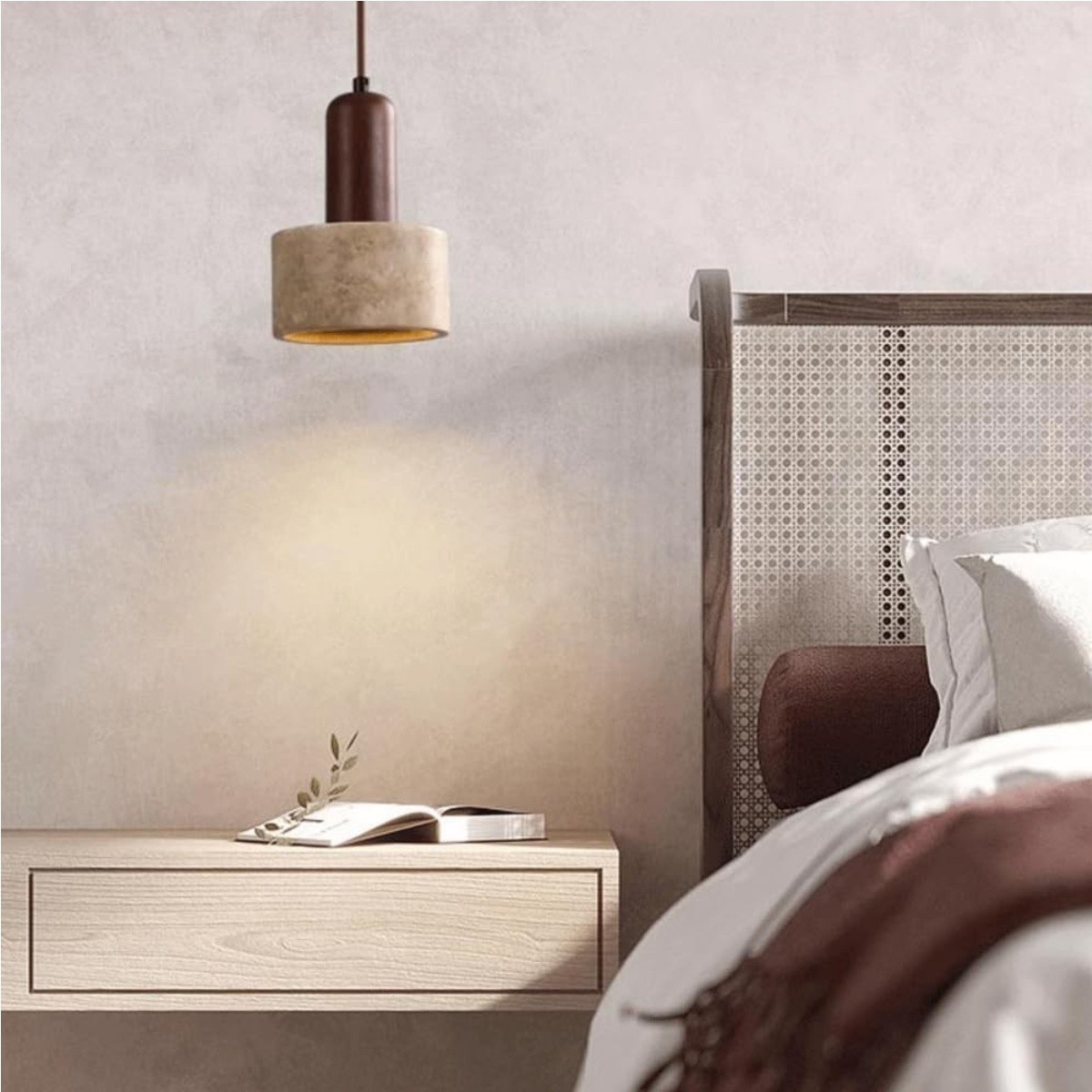 Minimalist Travertine Pendant Light With Wooden Top S264