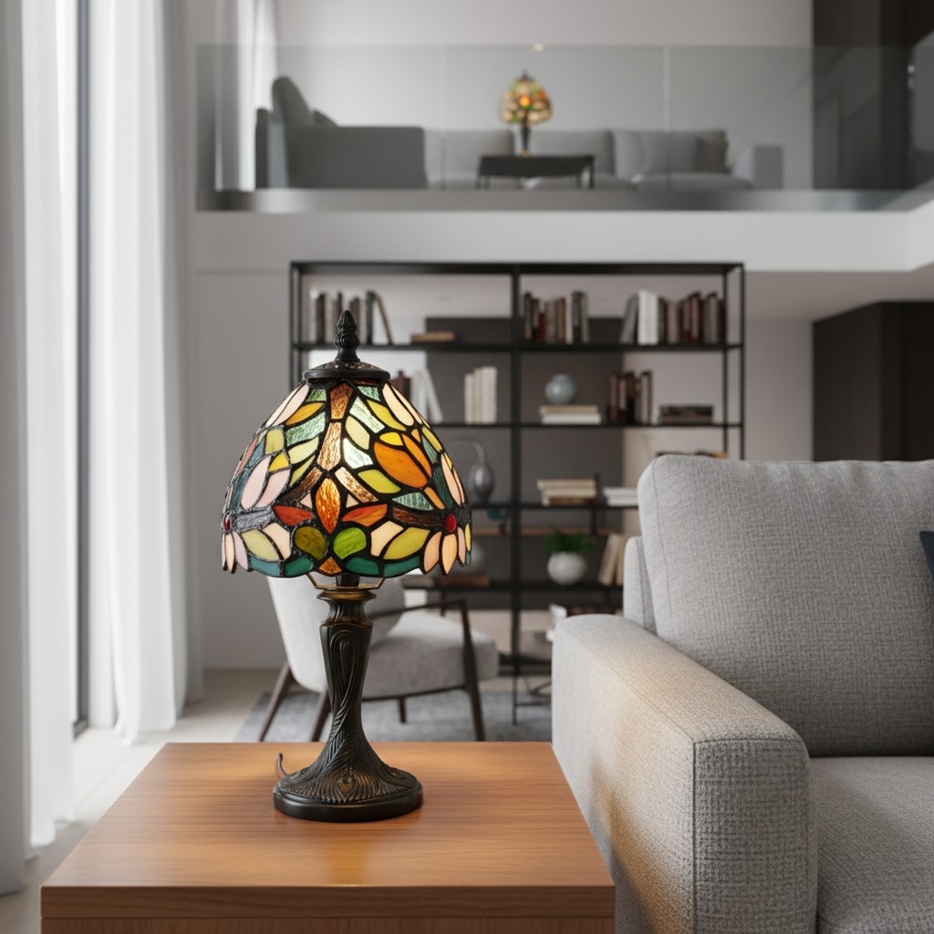 Calyra Vintage Floral Stained Glass Table Lamp - Art Deco Tiffany Style Accent Light for Bedside and Living Room T892