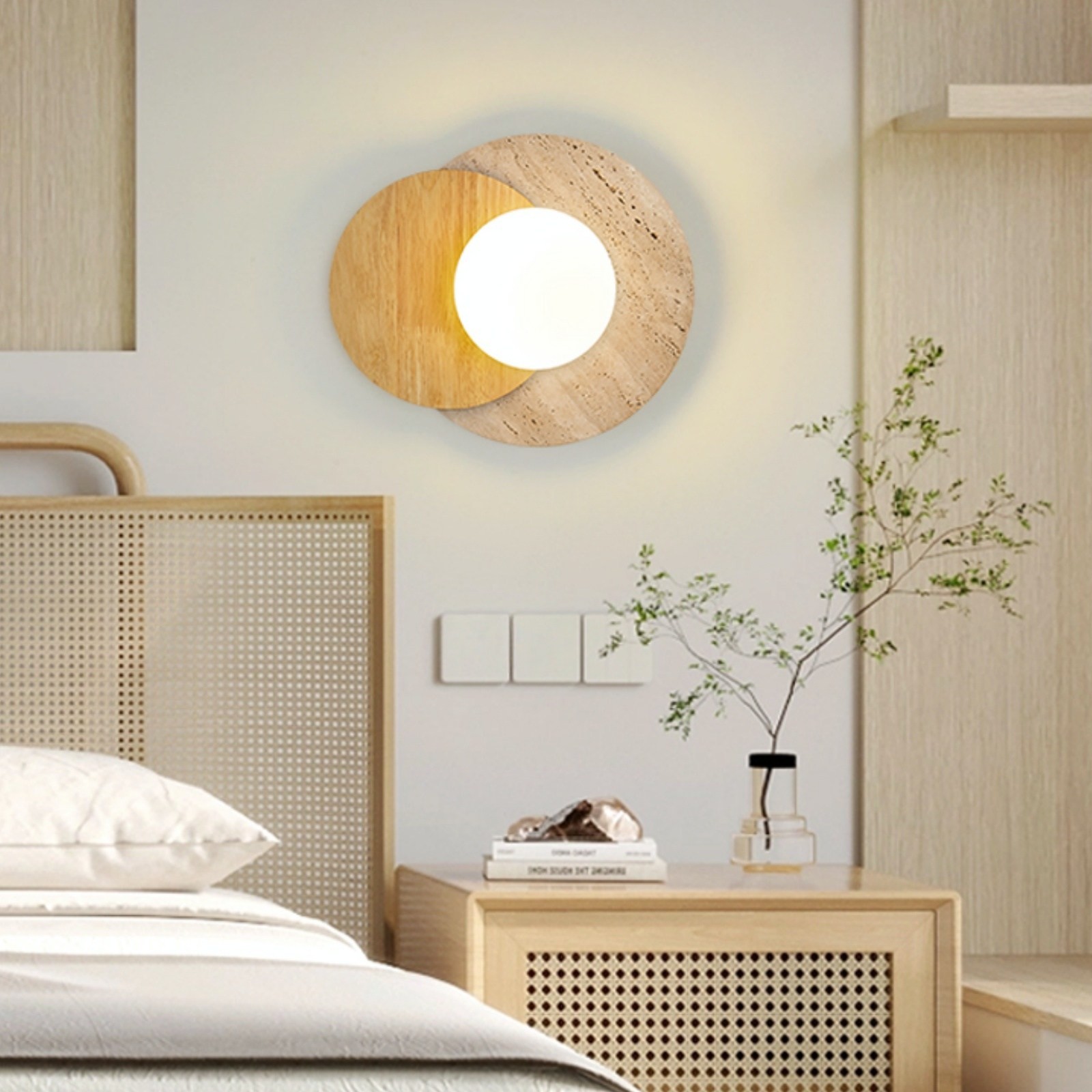 Contemporary Disc Travertine And Wood Dual Tone Wall Sconce S322