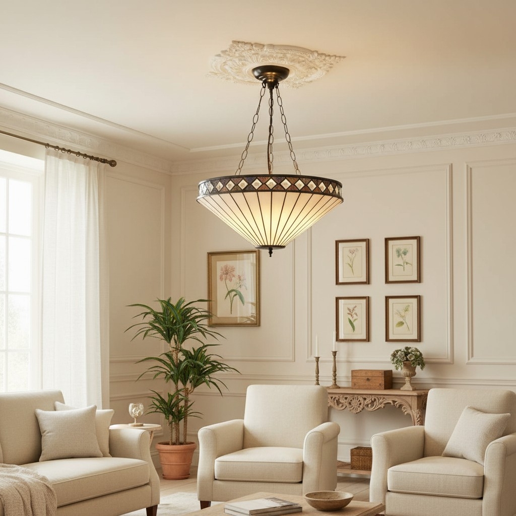 TF Fargo Adjustable Pendant with Stained Glass Inspired Inverted Shade for Island and Dining T981