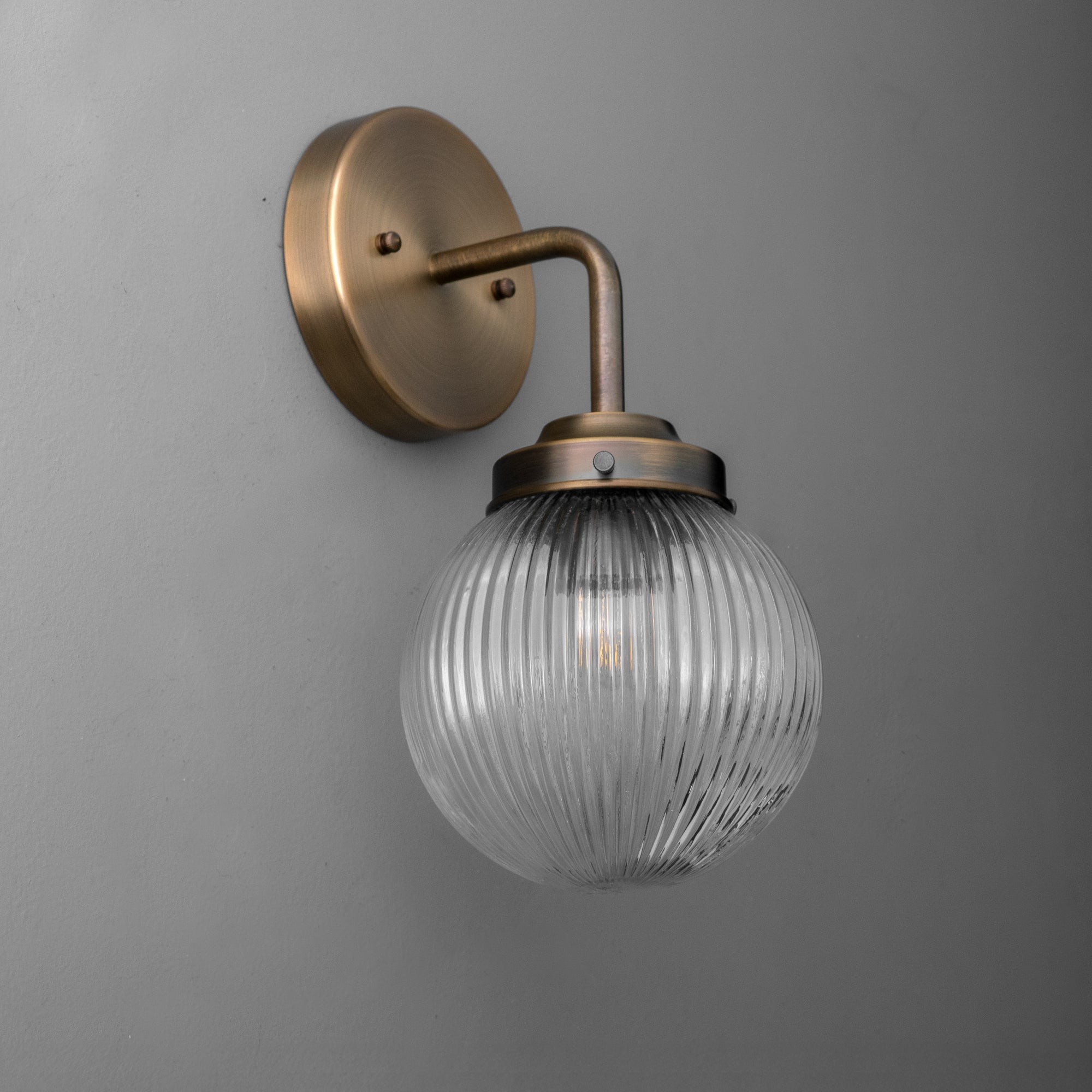 Glorica Glass Aged Brass Wall Sconce - Ribbed Glass Shade Industrial Style Lighting T410
