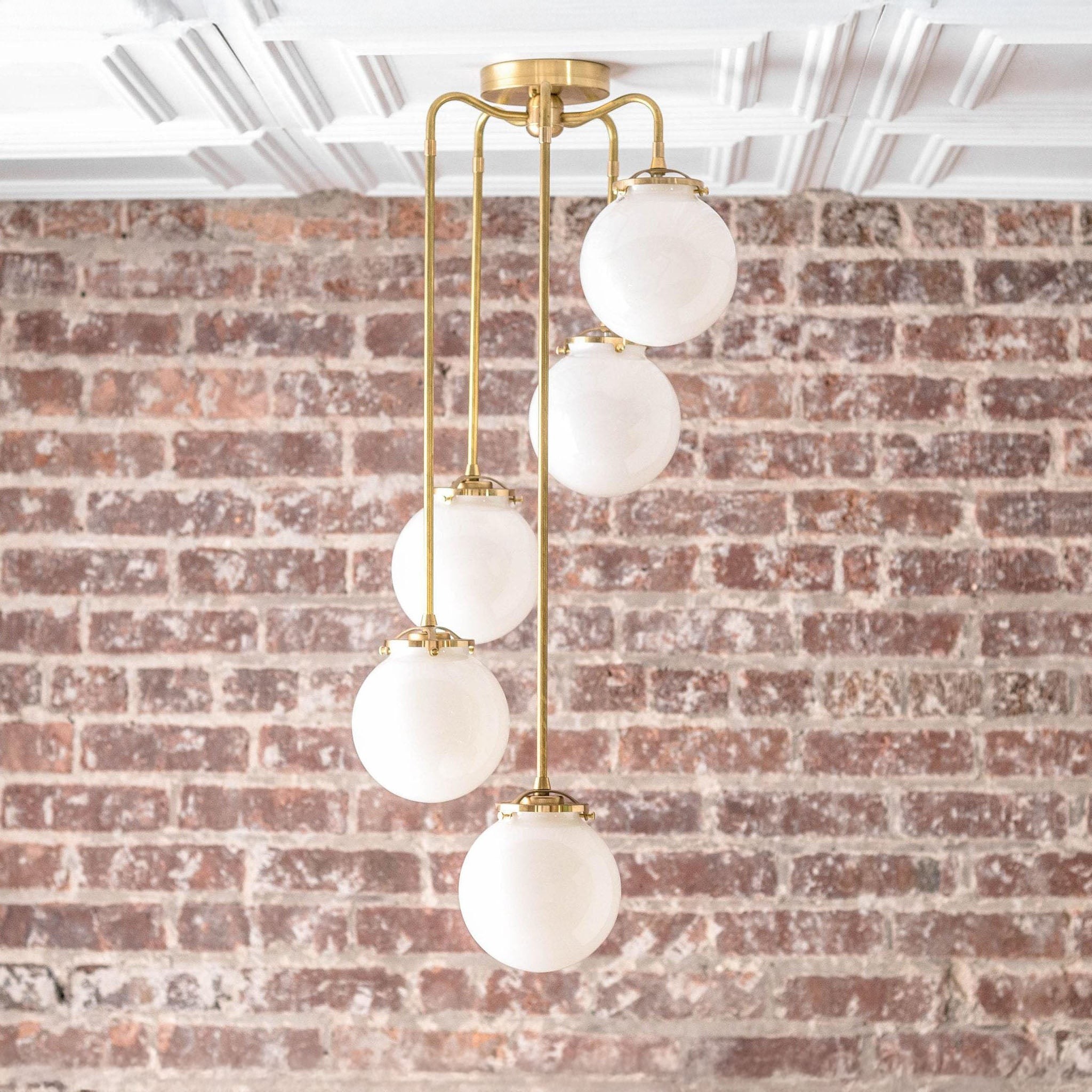 Glorica Glass 5 Globe Chandelier - Brass and Opal Glass Vintage Pendant Light T319