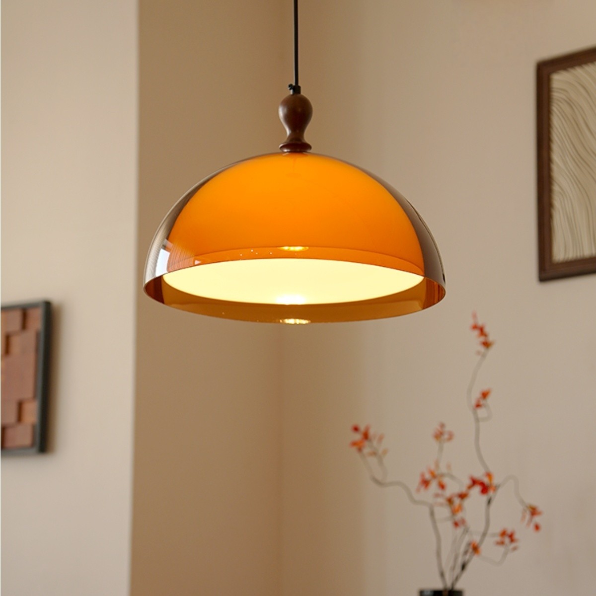 Vintage Sunset Pendant Lamp – Amber Acrylic & Walnut Finish S256