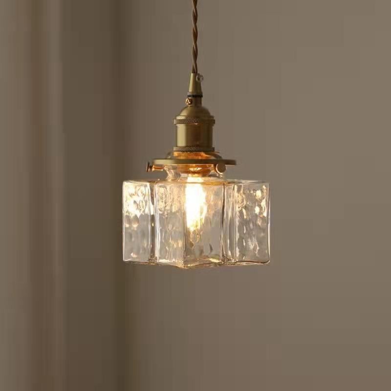 Traditional Vintage Square Rectangle Ripple Glass Iron 1-Light Pendant Light For Living Room T262