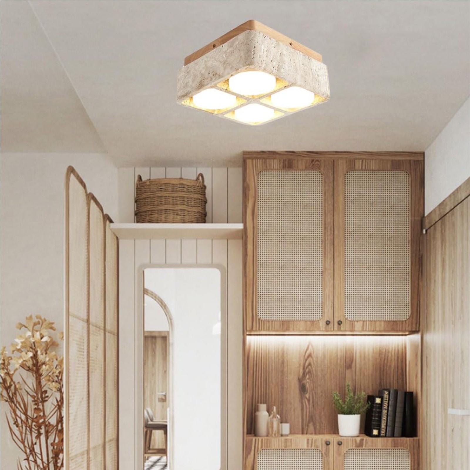 Natural Cube Design Travertine Ceiling Light With Wood Base S297