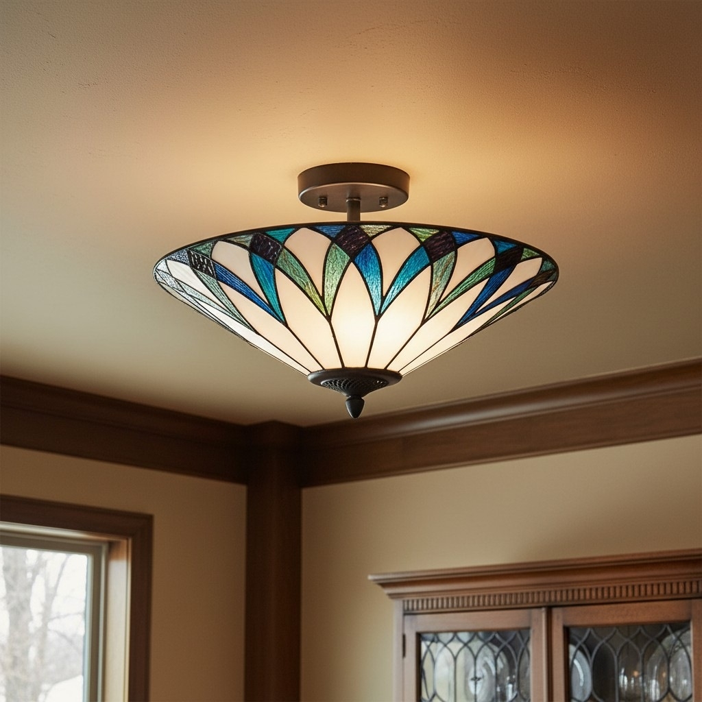 TF Allanton Tiffany Semi Flush Ceiling Light - Art Nouveau Patterned Shade for Living or Dining T1006